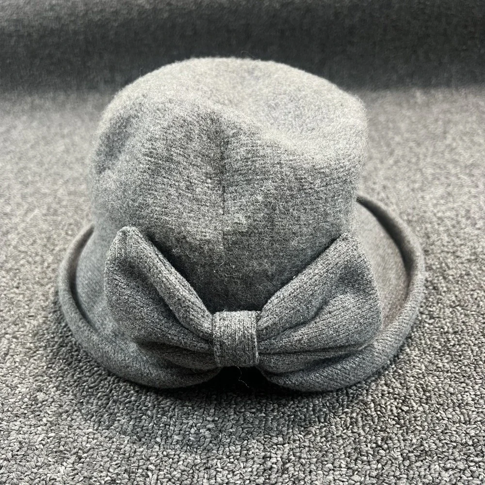 Vintage Aesthetic Grey Wool Blend Bow Cloche Hat One Size Winter Felt Fedora